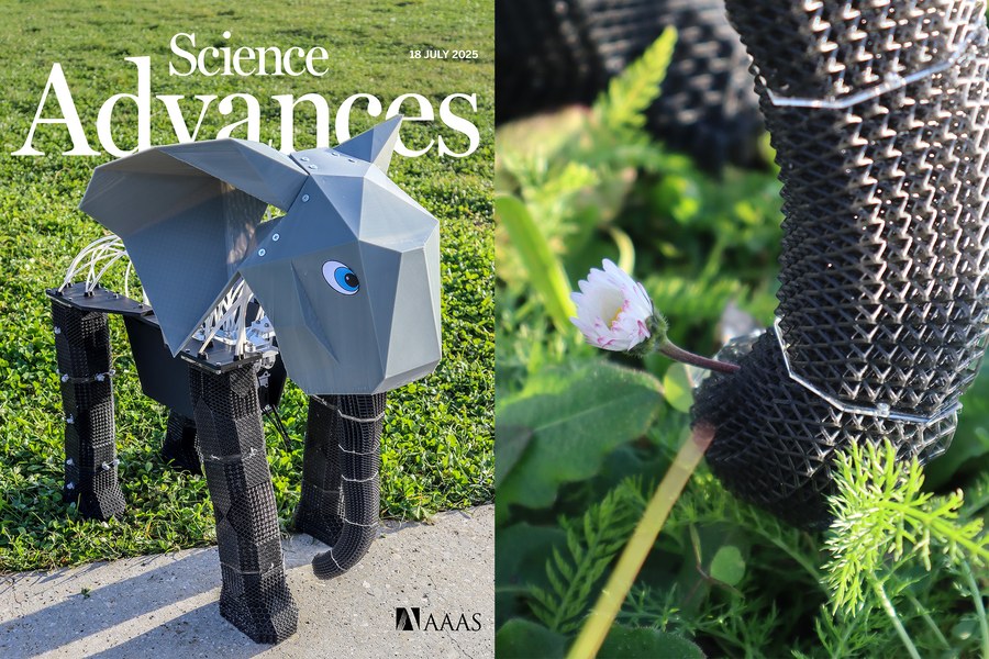 Lattice elephant robot standing on grass